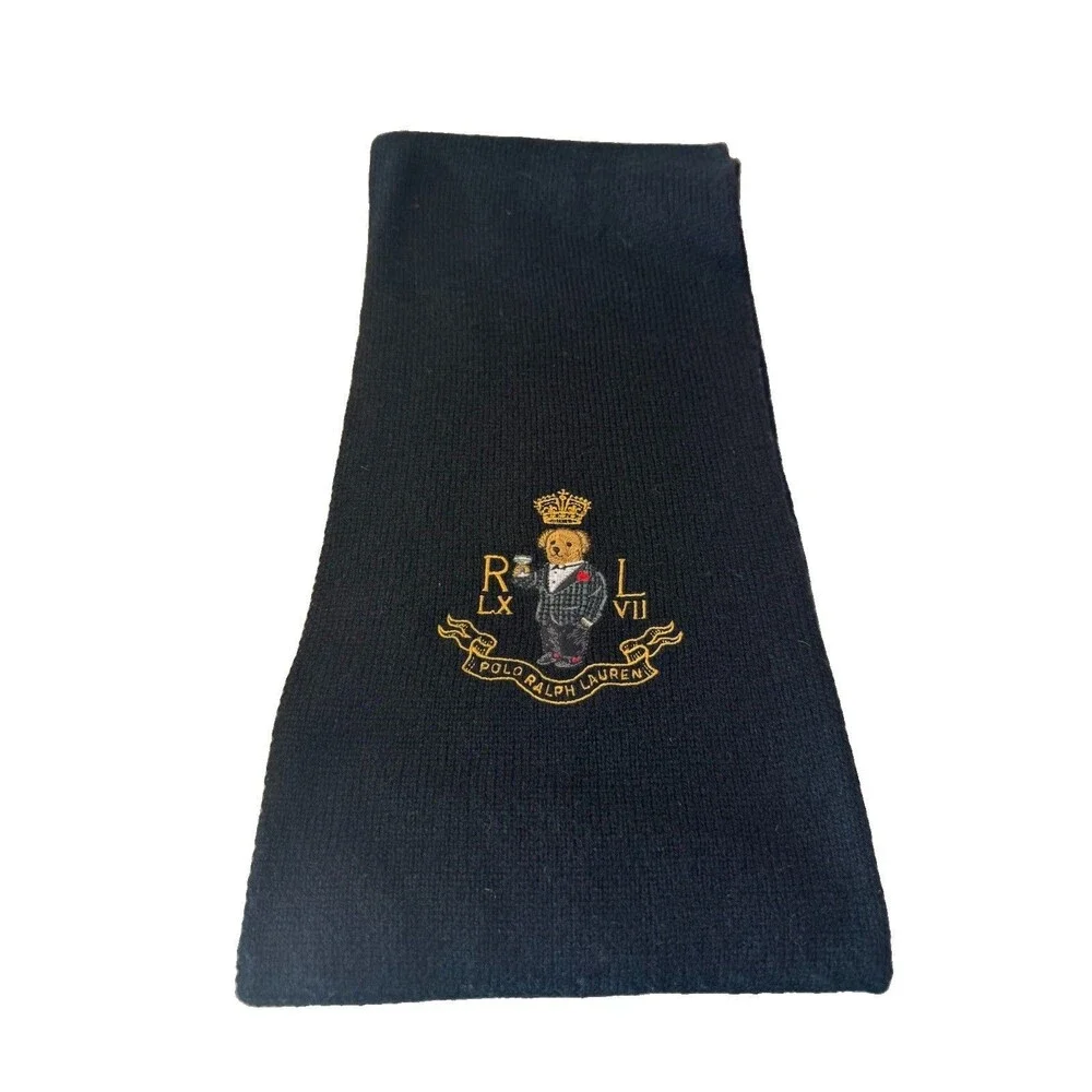 Polo Ralph Lauren Wool Cashmere Knit Scarf Polo Bear Tuxedo Martini Glass Black